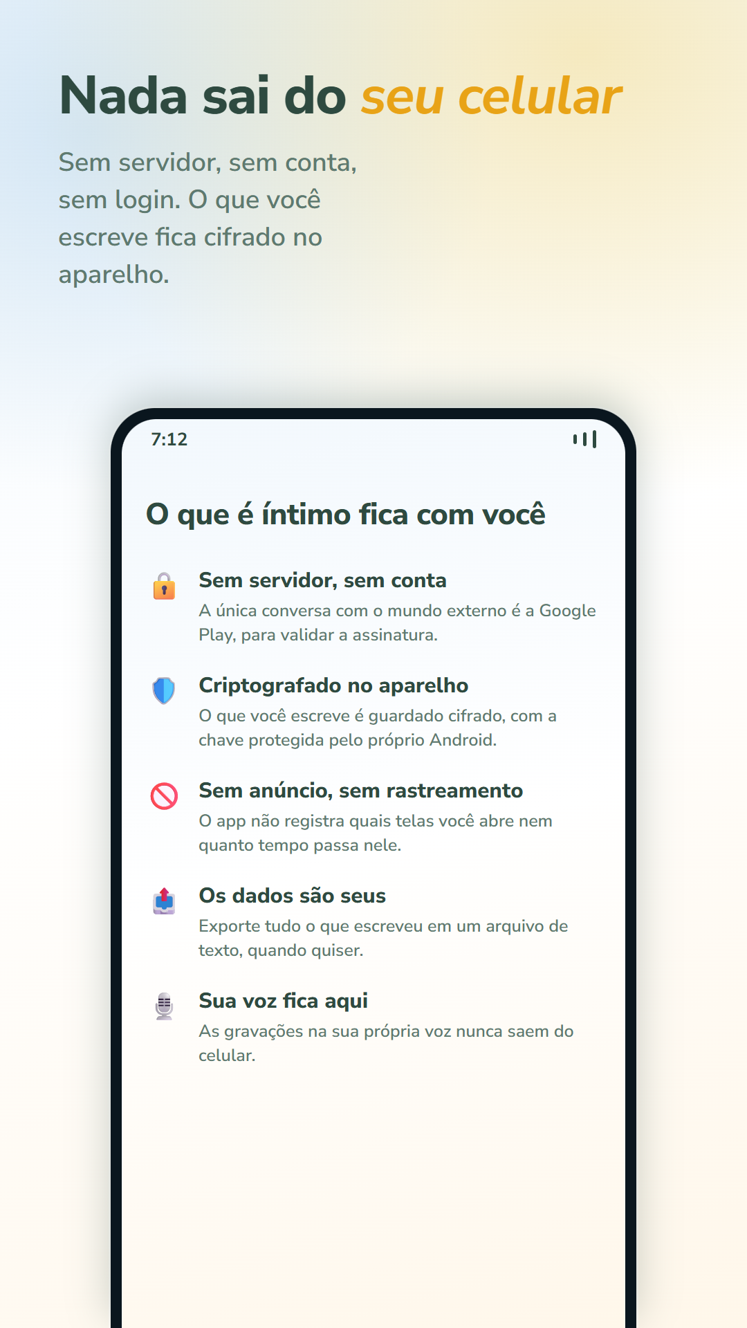 Tela do Desperte explicando a privacidade e o armazenamento local